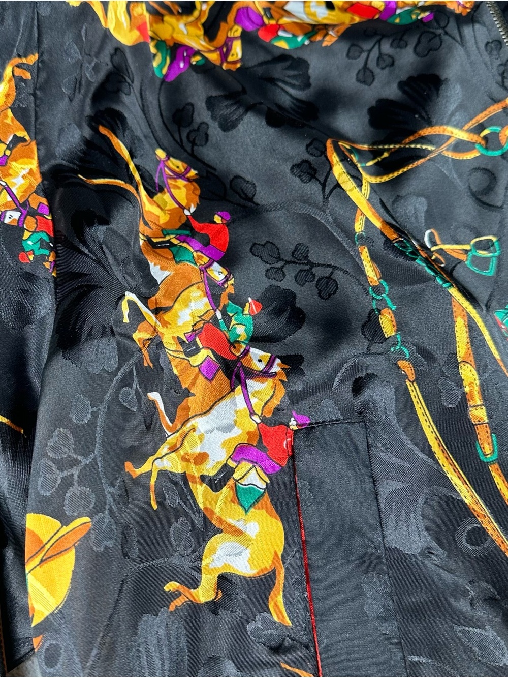 Vintage Style Equestrian Scarf Print Reversible Satin Bomber Jacket - Picture 9 of 12